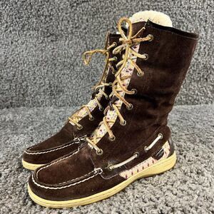 Sperry Suede Mid Calf Boots Womens 7.5 Real Fur Lining Southwestern Lace Up Moc